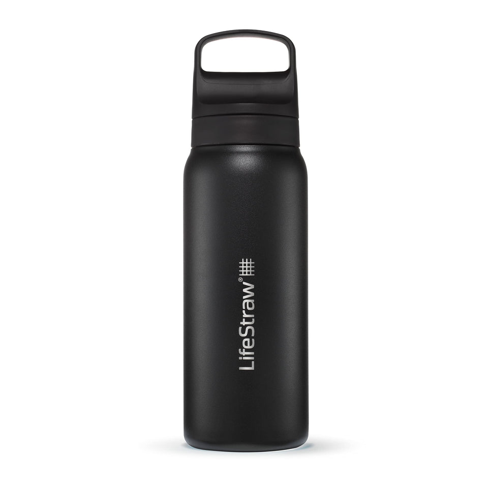 LifeStraw Go Series insulated bottle front view keeps drinks cold during travel.