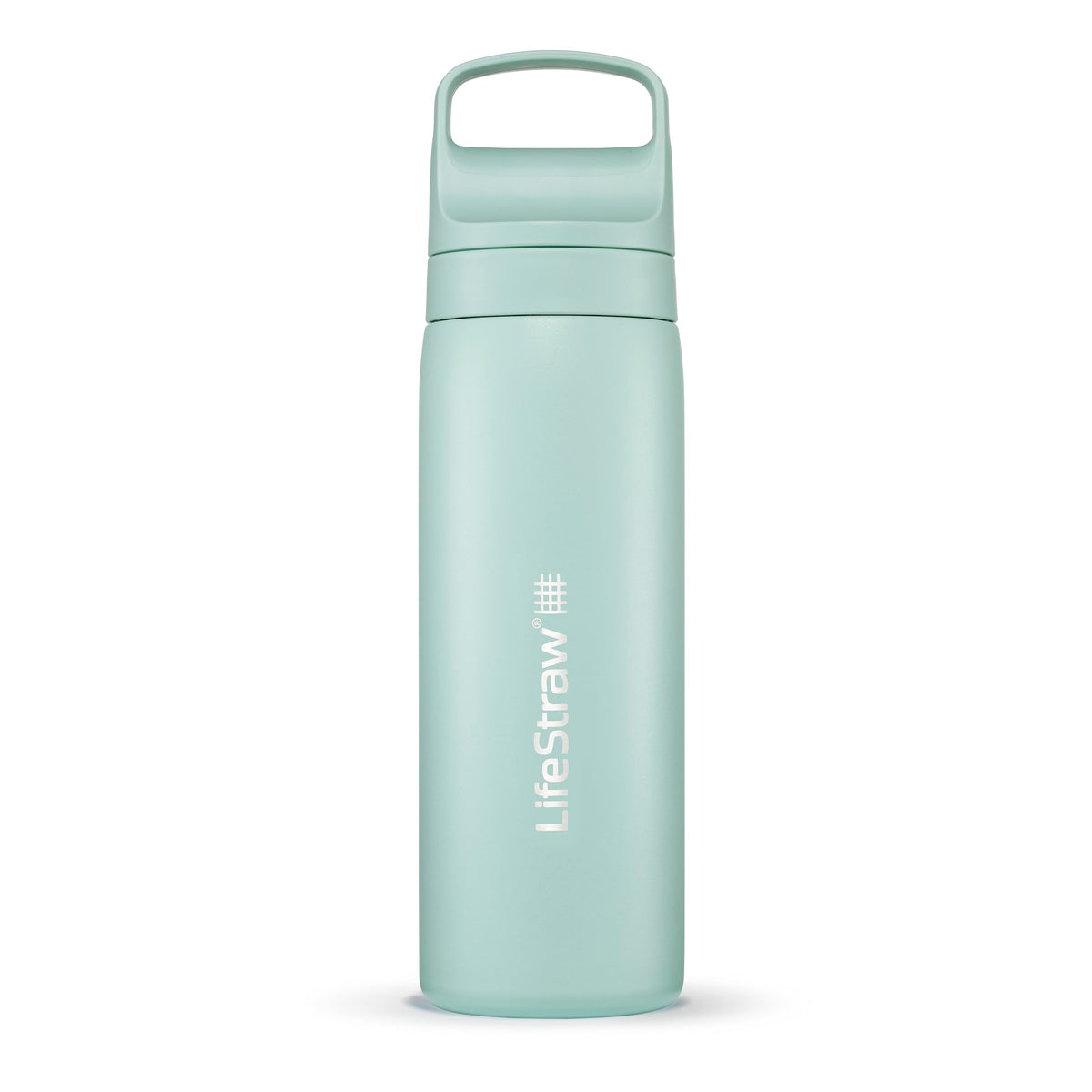 LifeStraw Go Series seafoam bottle cap close-up with secure travel lid.
