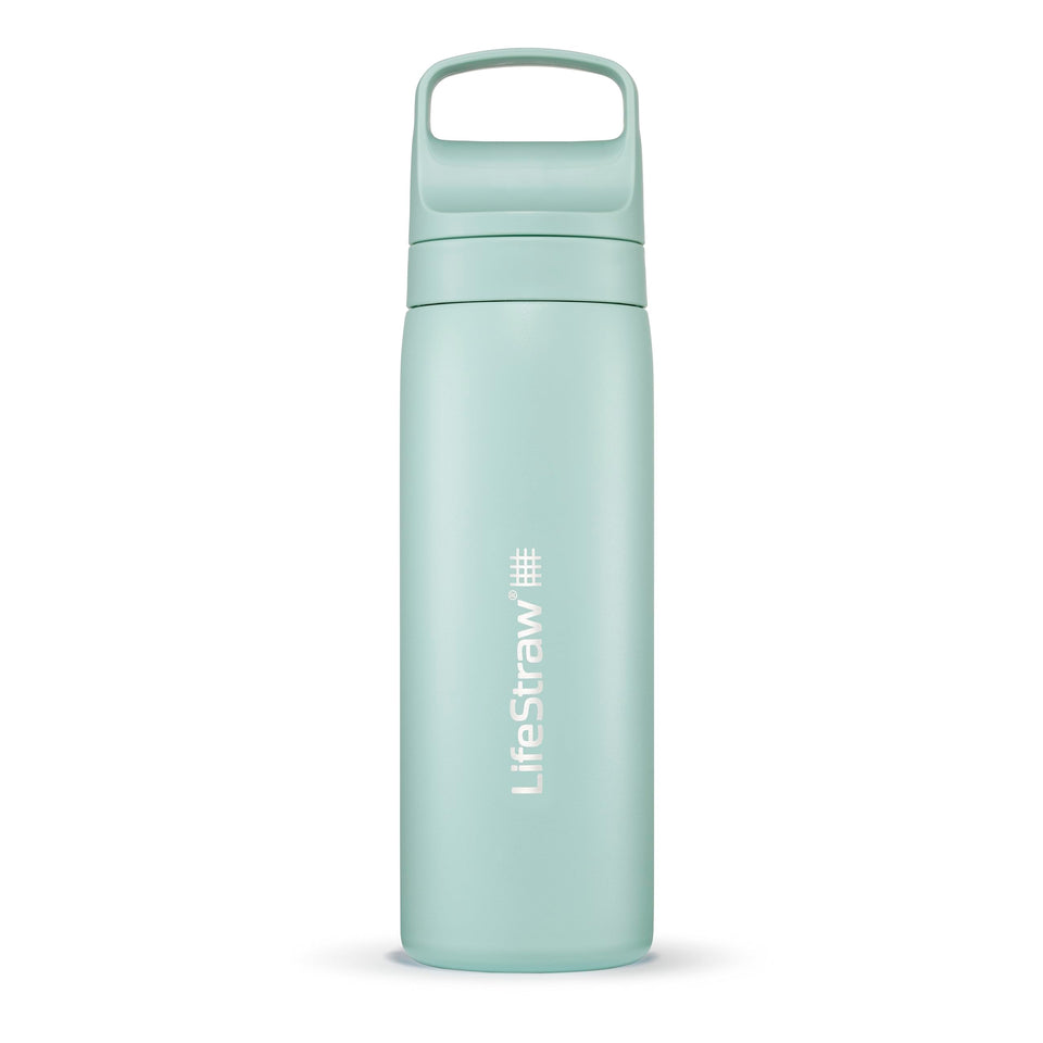 LifeStraw Go Series seafoam bottle cap close-up with secure travel lid.