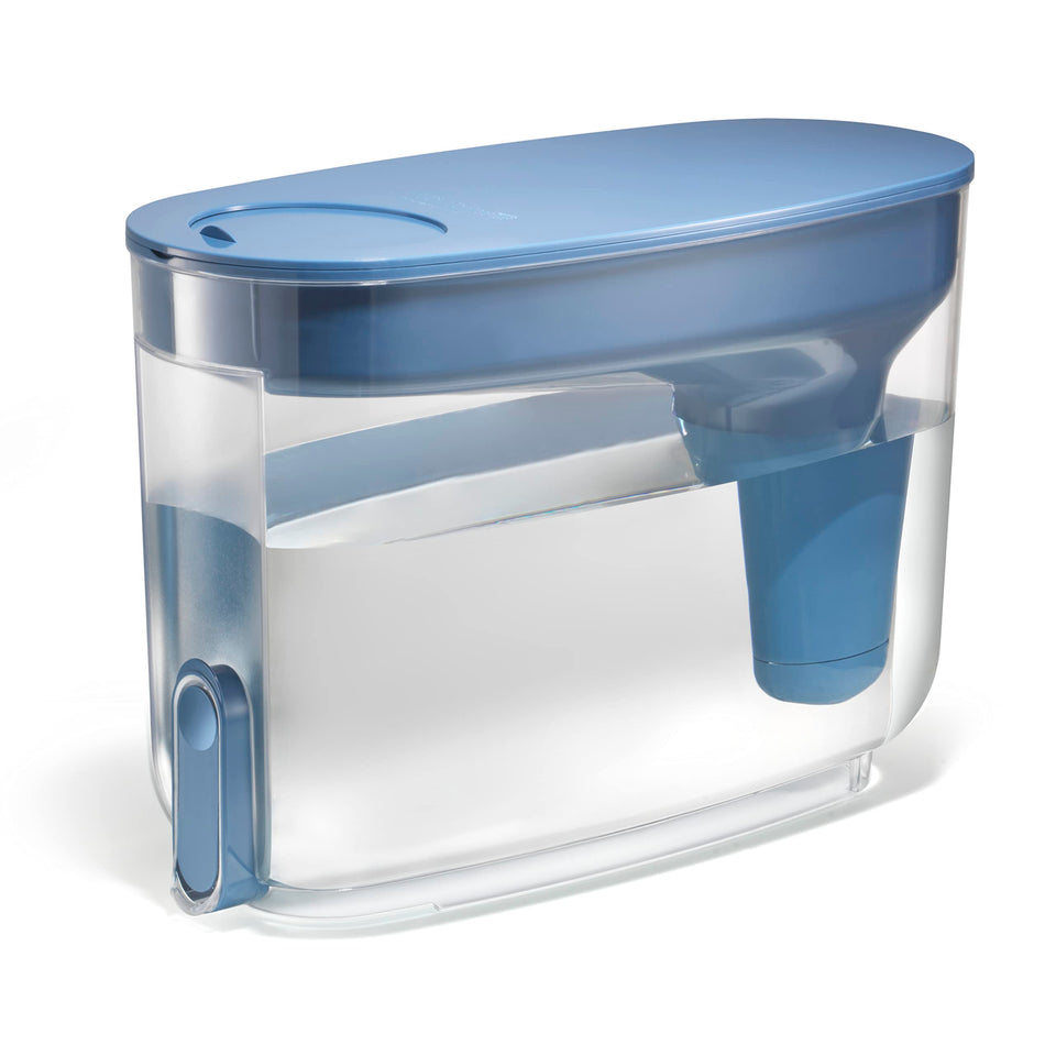 LifeStraw Home 18-cup dispenser on kitchen counter shows ample capacity for family hydration.
