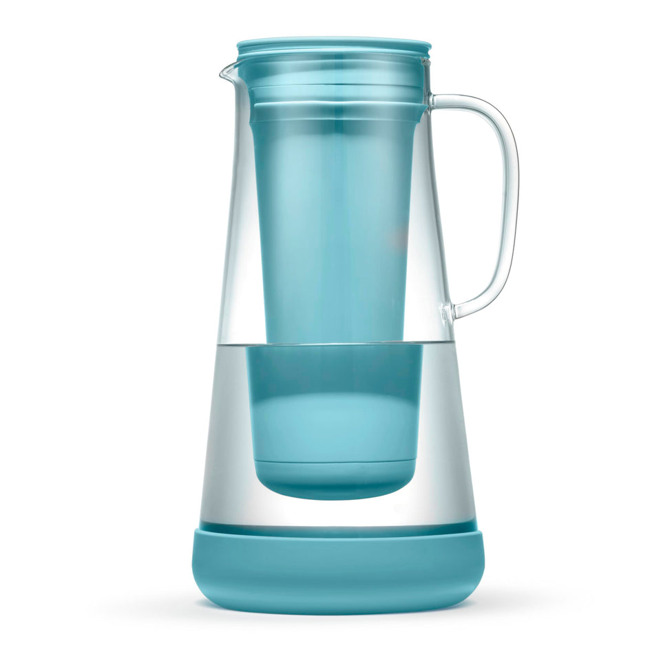 LifeStraw Home glass pitcher with silicone base improves taste and reduces contaminants in tap water.