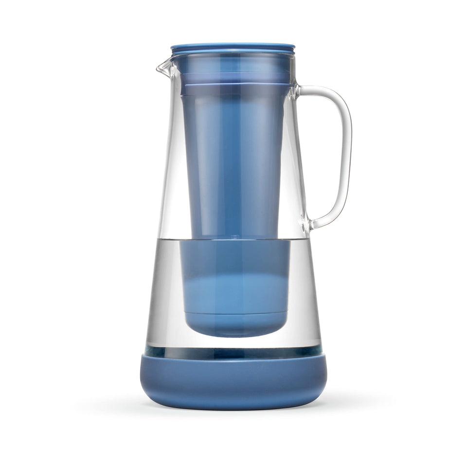 LifeStraw Home pitcher front view in Stormy Blue showcases premium glass design for everyday filtration.