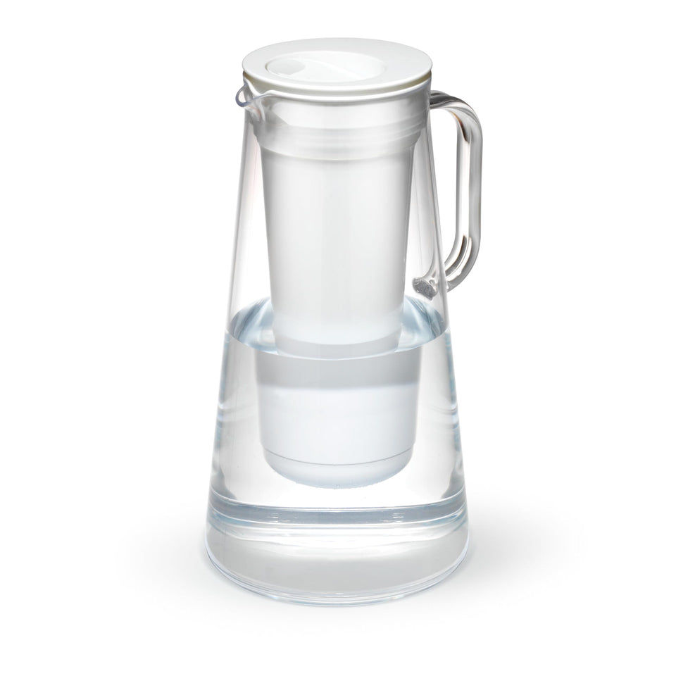 LifeStraw Home pitcher with lid open, easy-fill for rapid, convenient refills.