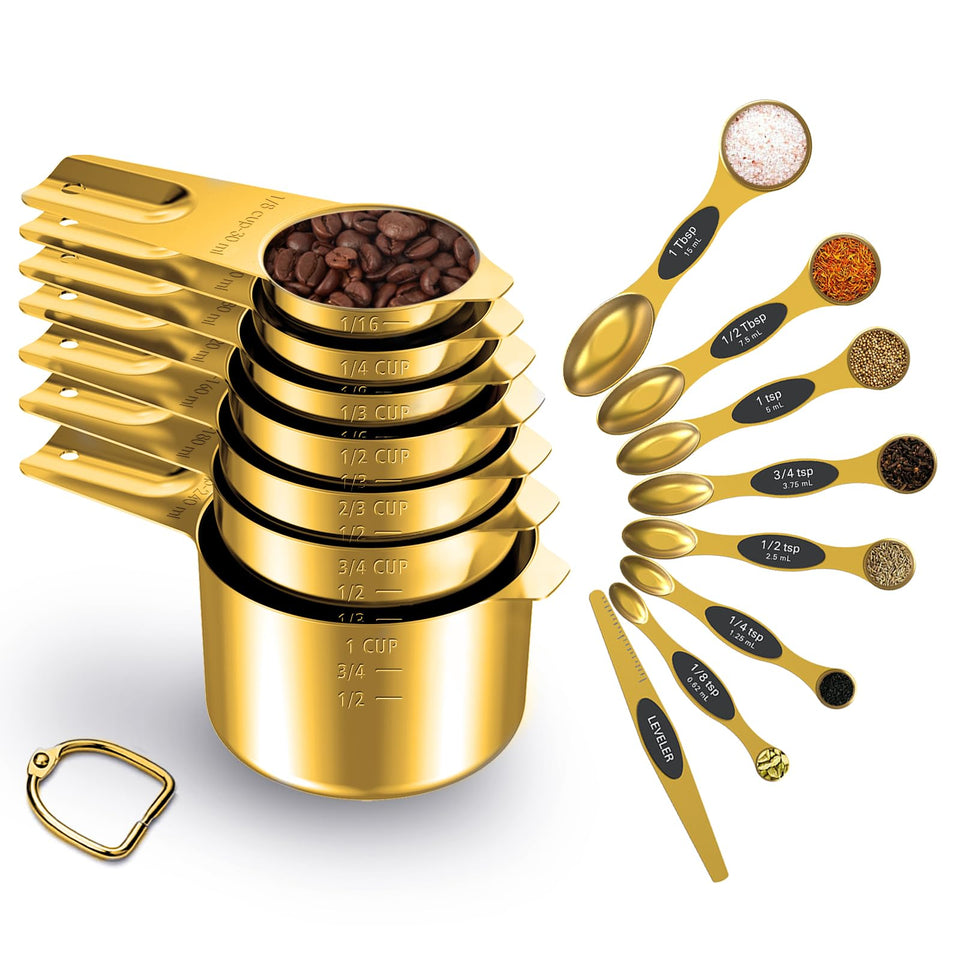 LIFETOWE Gold measuring cups set: compact nesting enables easy storage and precise measurements.