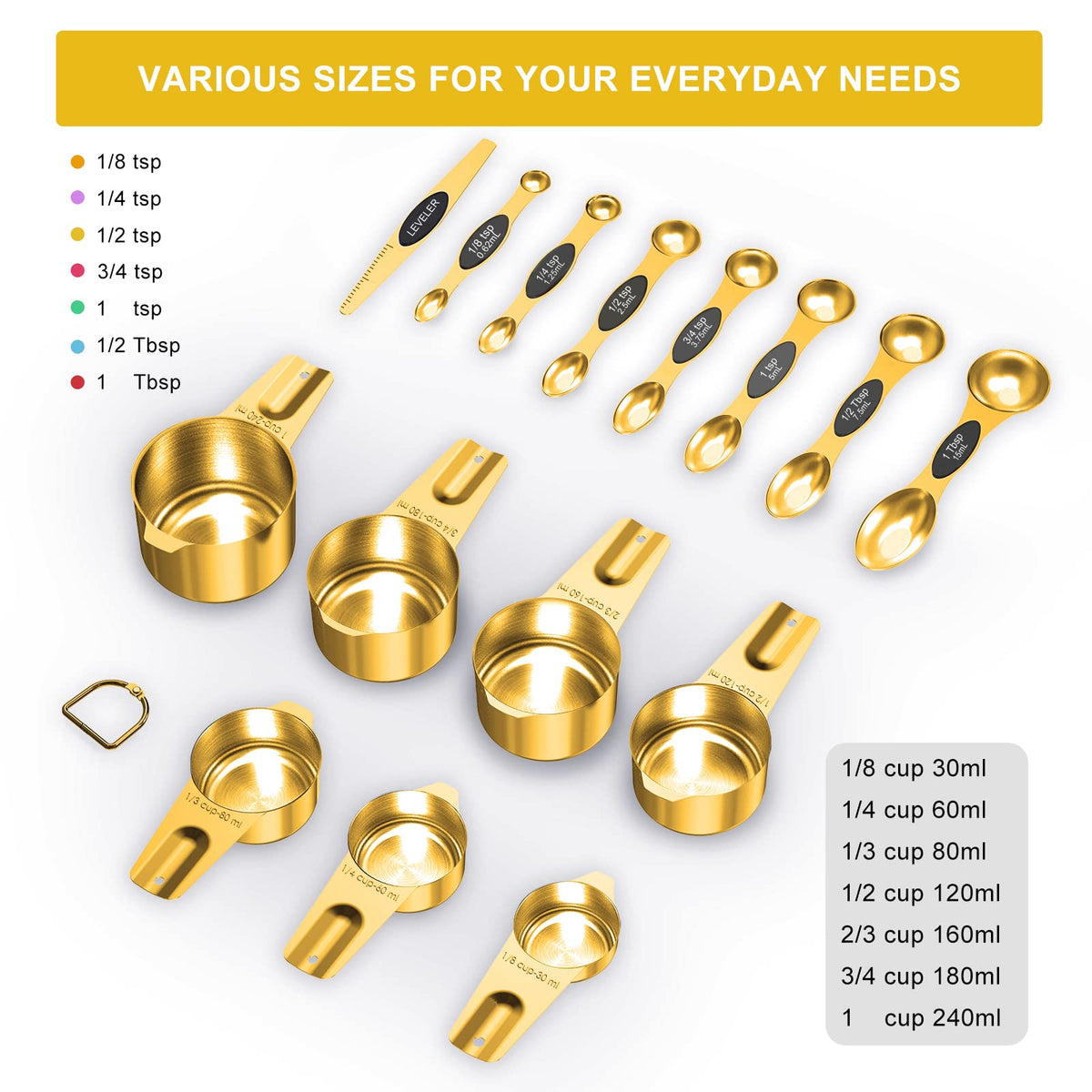 LIFETOWE Gold measuring spoons magnetic set: fast access and organized ingredient measuring.