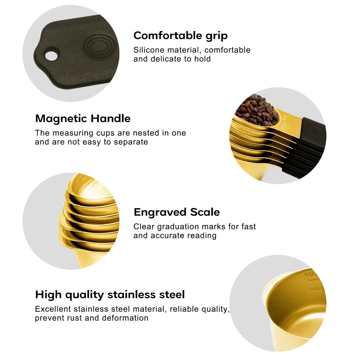 LIFETOWE magnetic gold cup 1/3 cup stacks neatly for compact storage.