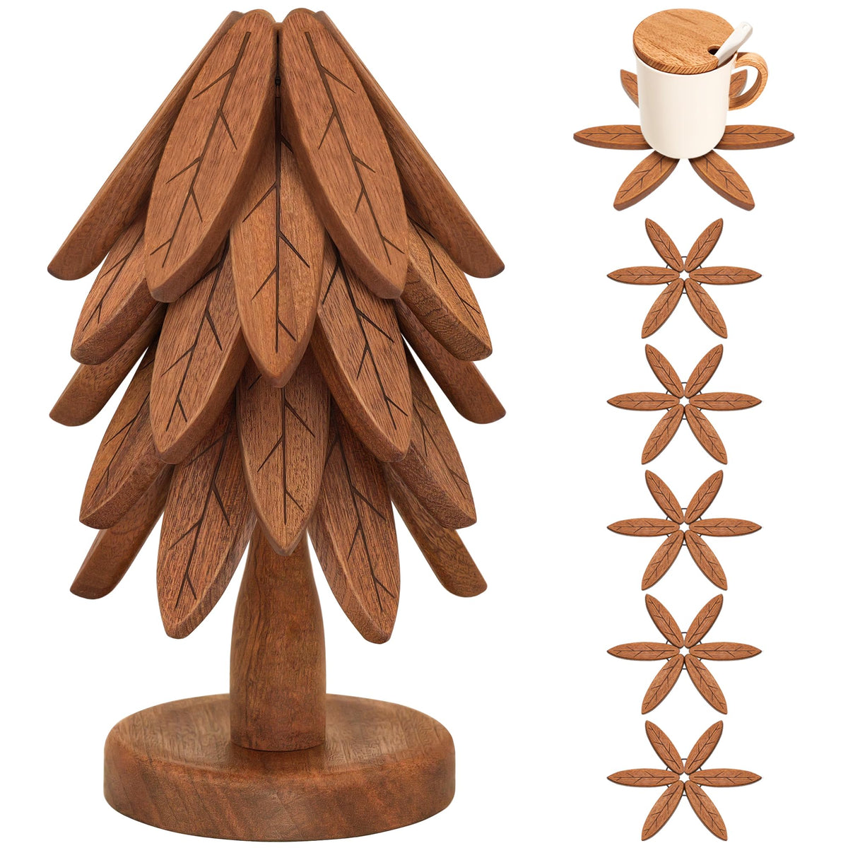 LIFETOWE wooden tree trivet set protects surfaces from hot dishes.