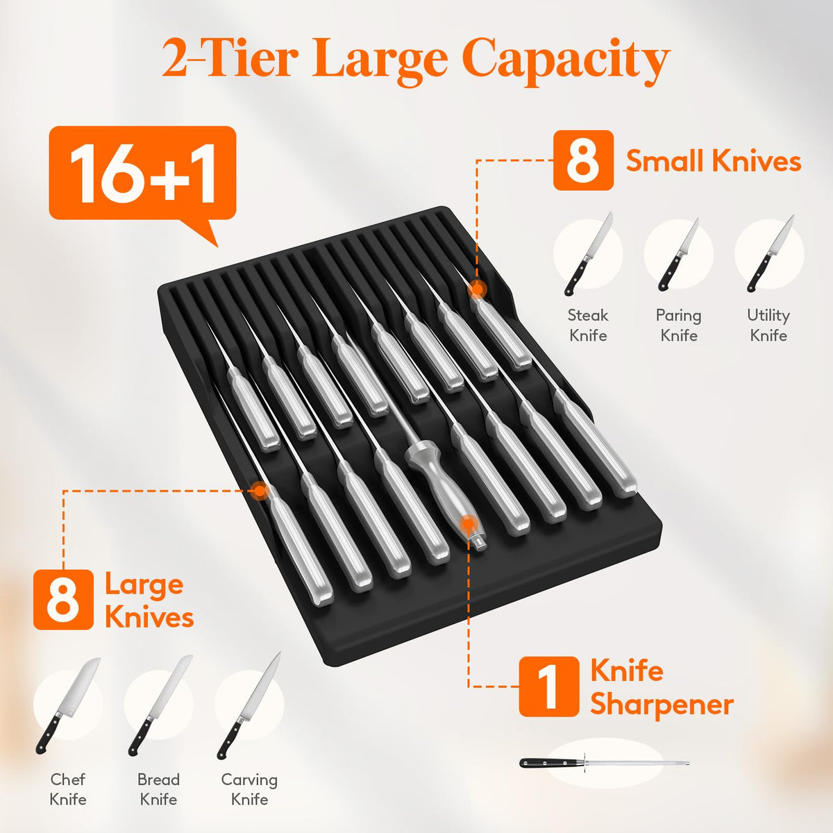 Lifewit 16-knife storage with sharpening steel for streamlined prep workflow