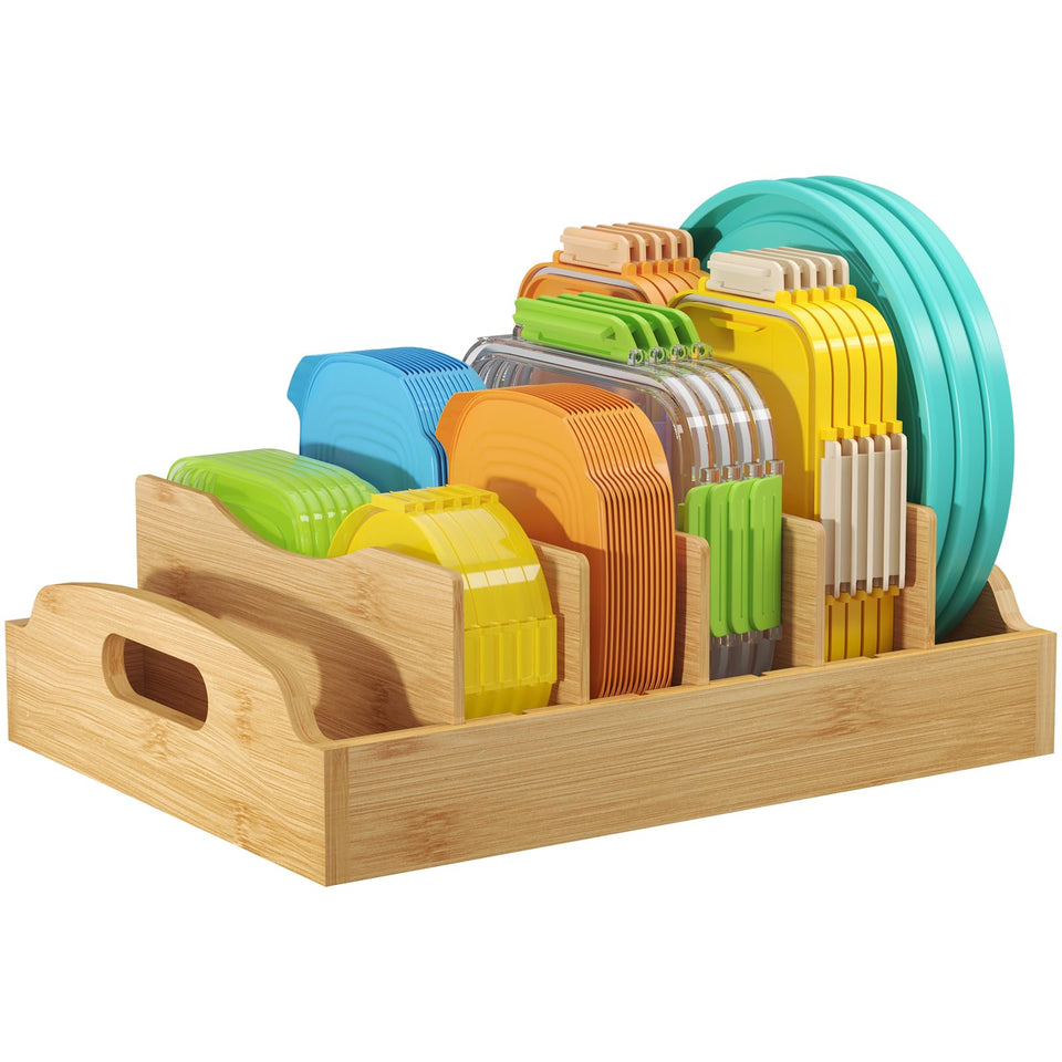 Lifewit bamboo lid organizer inside cabinet keeps lids neatly organized and accessible