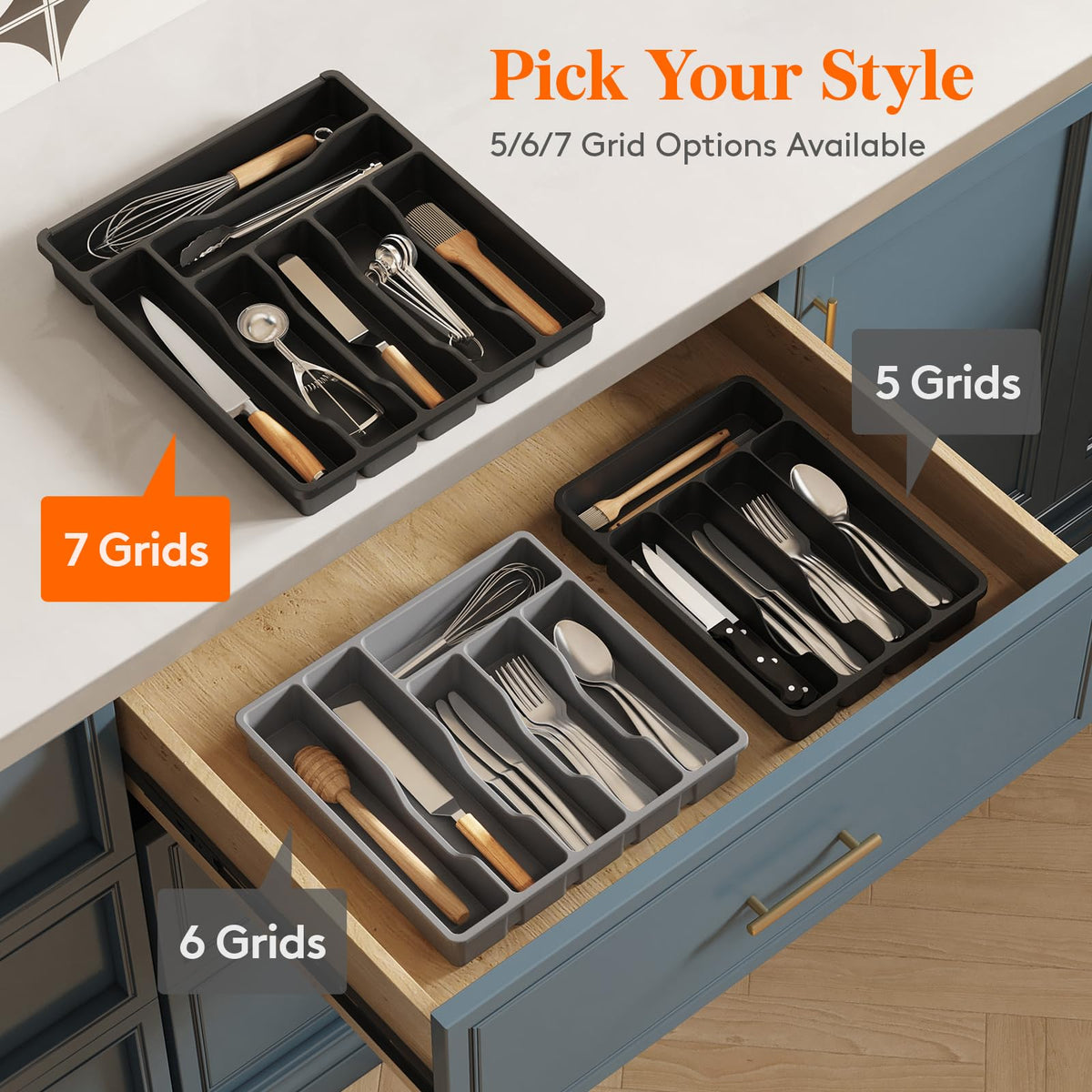 Lifewit black drawer organizer for tableware elevates kitchen organization.