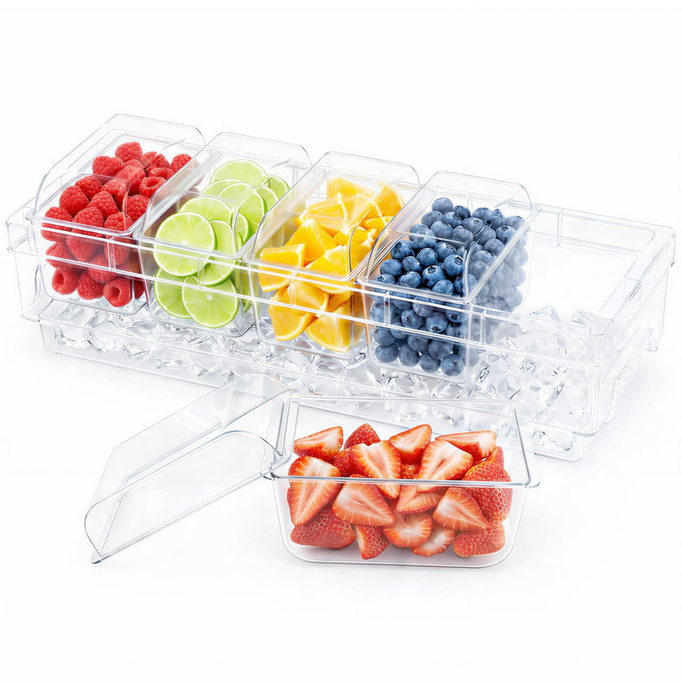 Lifewit chilled condiment containers with lids show crystal-clear plastic for organized party prep.
