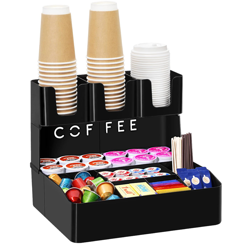 Lifewit coffee station organizer with 10 compartments keeps cups and pods organized.