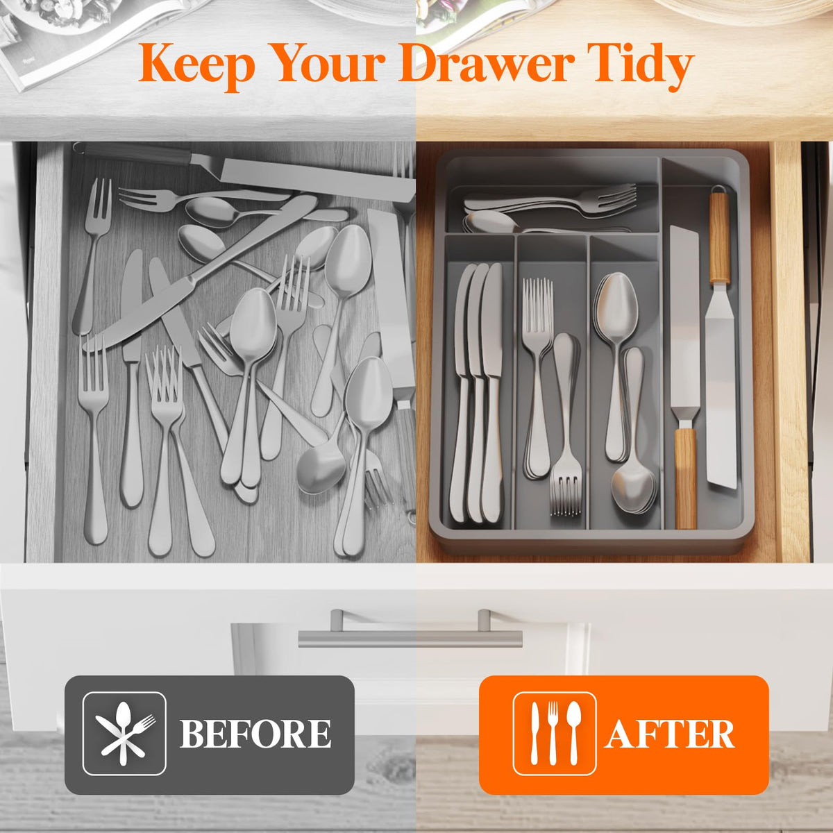 Lifewit durable gray kitchen tray complements any drawer.