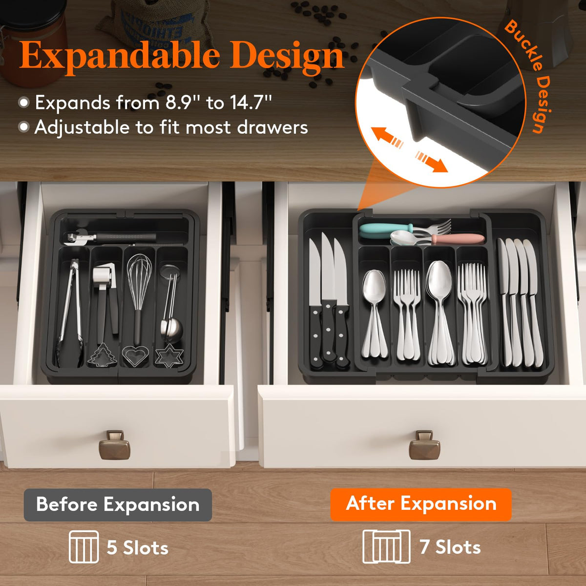 Lifewit expandable design shows extra space for utensils in a wide drawer.