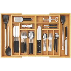 Lifewit expandable bamboo silverware organizer in a wide drawer for maximum storage.