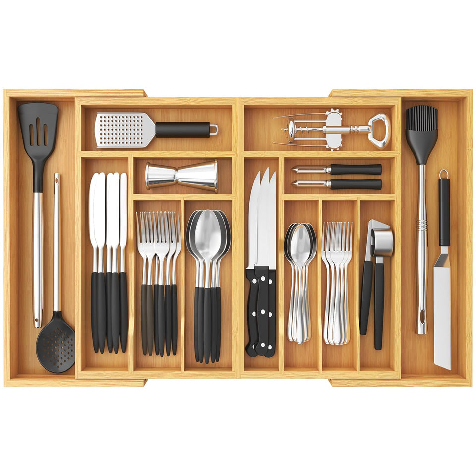 Lifewit expandable bamboo silverware organizer in a wide drawer for maximum storage.