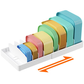 Lifewit expandable lid organizer in cabinet keeps lids tidy and within reach.