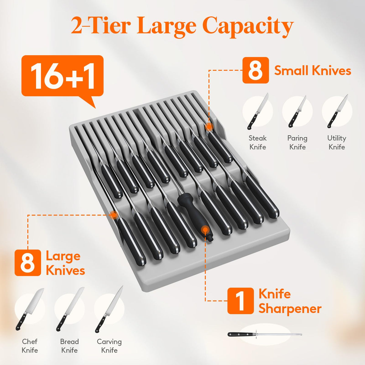 View of Lifewit large capacity knife block holding multiple blades and one sharpener