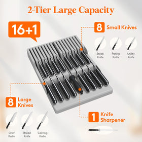 View of Lifewit large capacity knife block holding multiple blades and one sharpener