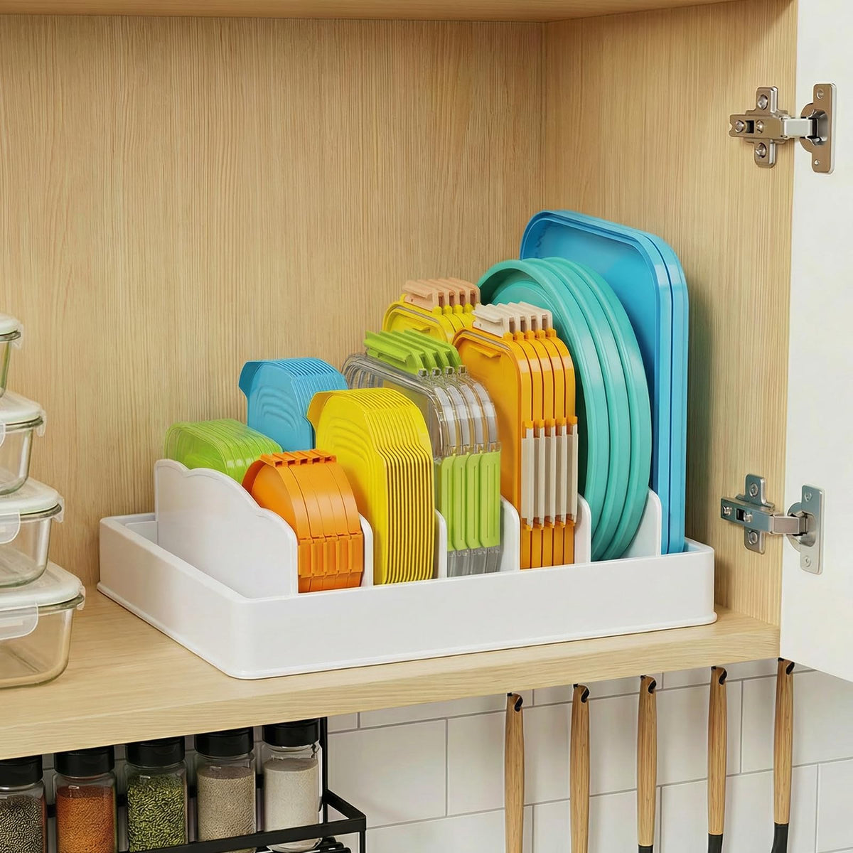 Lifewit lid organizer full setup stores lids, bowls, and plates for easy access