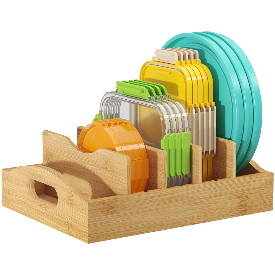 Lifewit lid organizer inside cabinet with bamboo finish for neat lid storage.