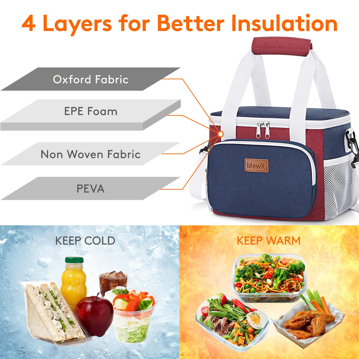 Lifewit lunch bag open lid wide for easy packing of containers and snacks.
