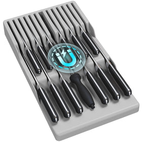 Lifewit magnetic drawer knife organizer with 12 slots keeps blades secure during use.