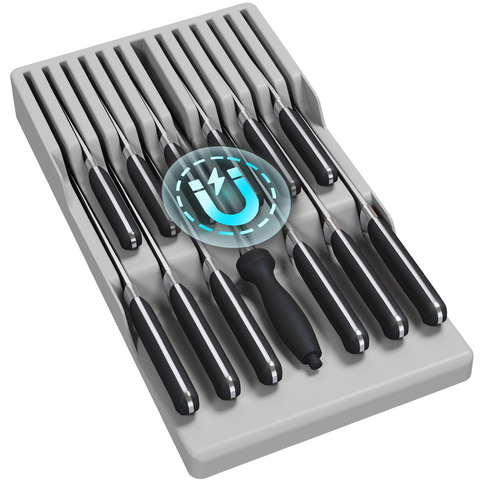 Lifewit magnetic drawer knife organizer with 12 slots keeps blades secure during use.
