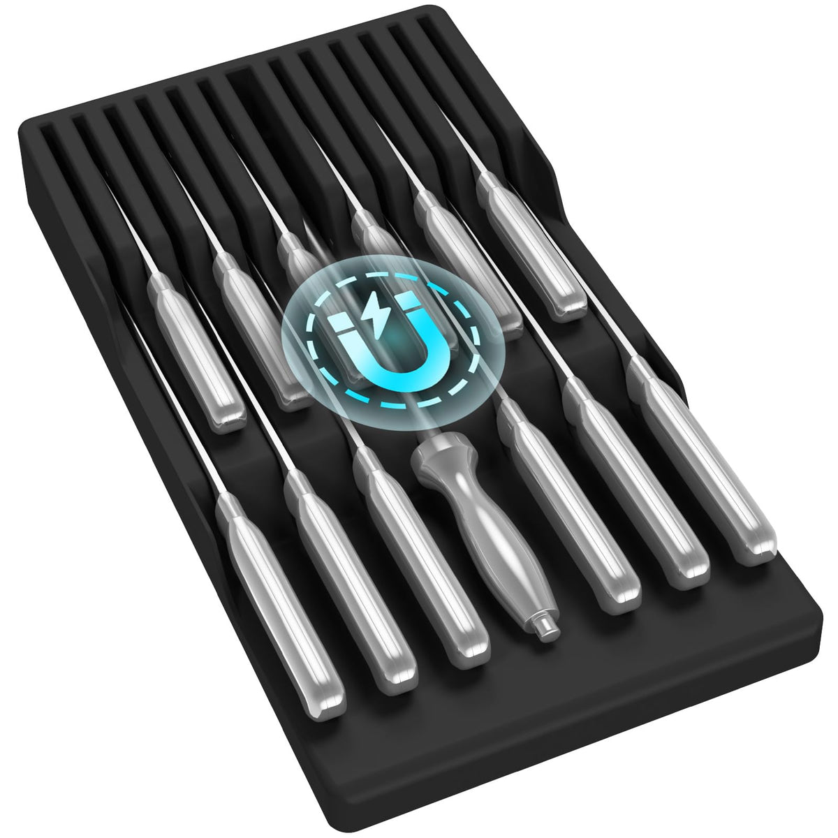 Lifewit magnetic drawer knife organizer secures blades when the drawer opens.