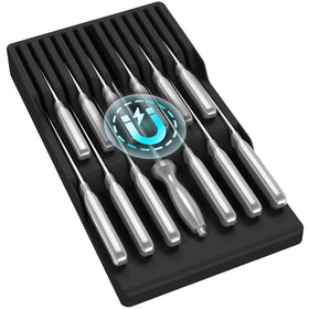 Lifewit magnetic drawer knife organizer secures blades when the drawer opens.
