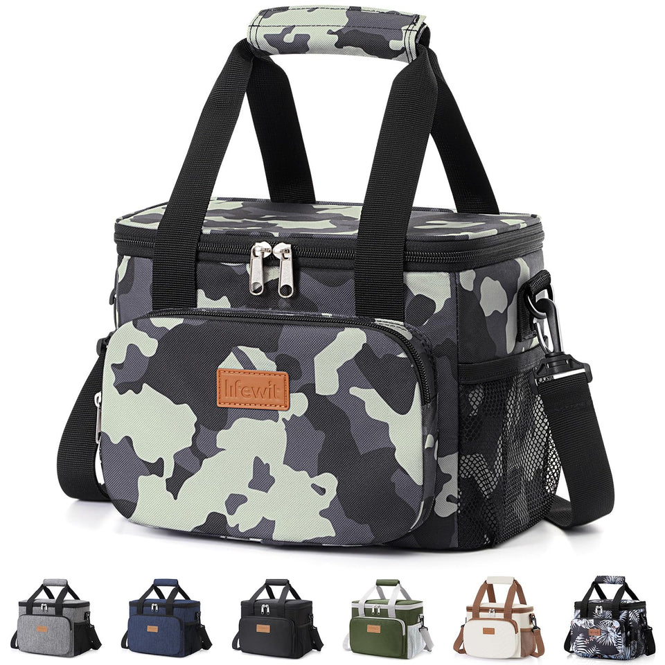 Lifewit camouflage lunch bag shows 12-can capacity for office lunches and picnics