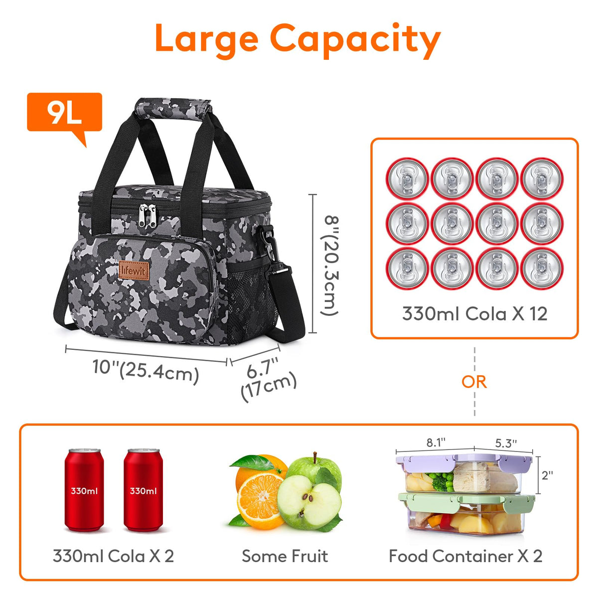 Lifewit 9L capacity lunch bag holding meals and drinks for a day