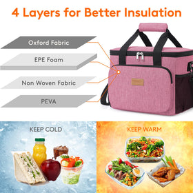 Lifewit pink lunch bag insulation close-up, keeps meals fresh longer