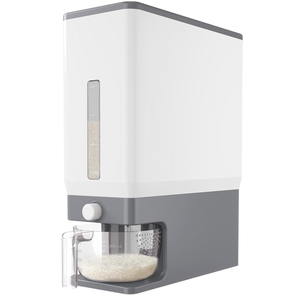 Lifewit rice dispenser 25lbs capacity with transparent scale for precise portioning.