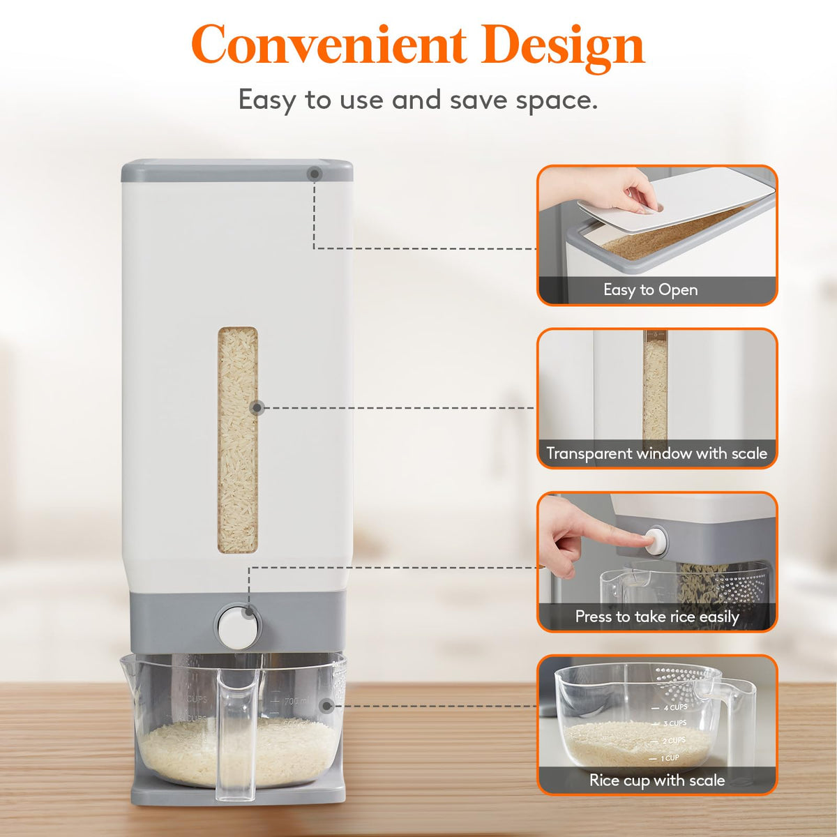 Lifewit dispenser button in use for controlled rice dispensing.