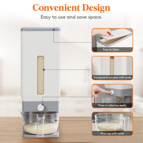 Lifewit dispenser button in use for controlled rice dispensing.