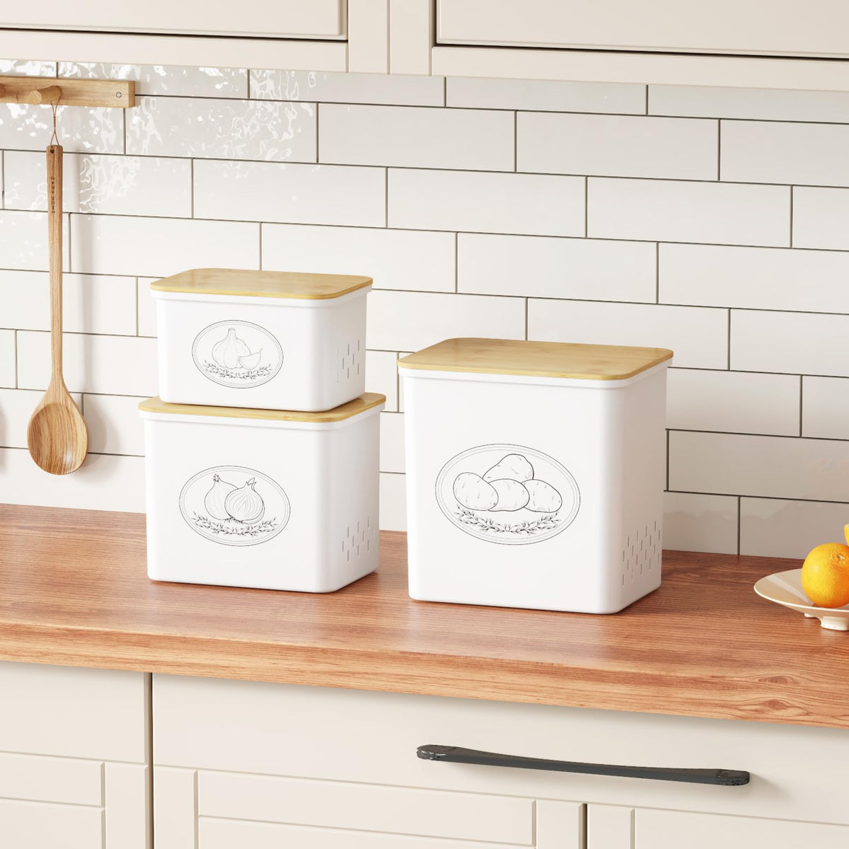 Lifewit set of 3 bins keeps potatoes, onions, and garlic organized.