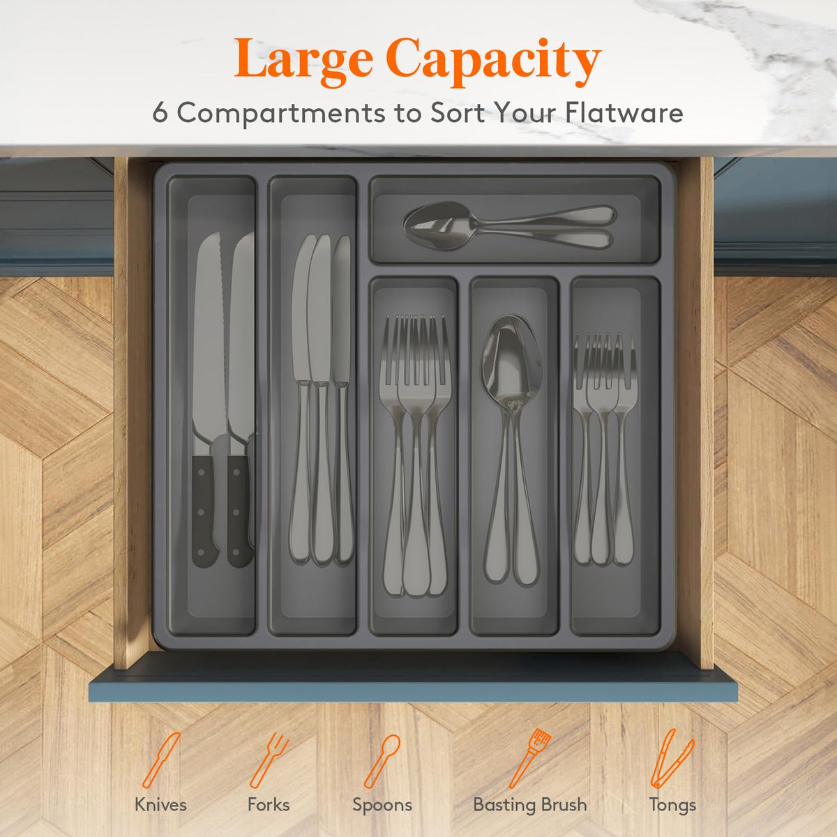 Lifewit compact drawer organizer fits most kitchen drawers for easy retrieval.
