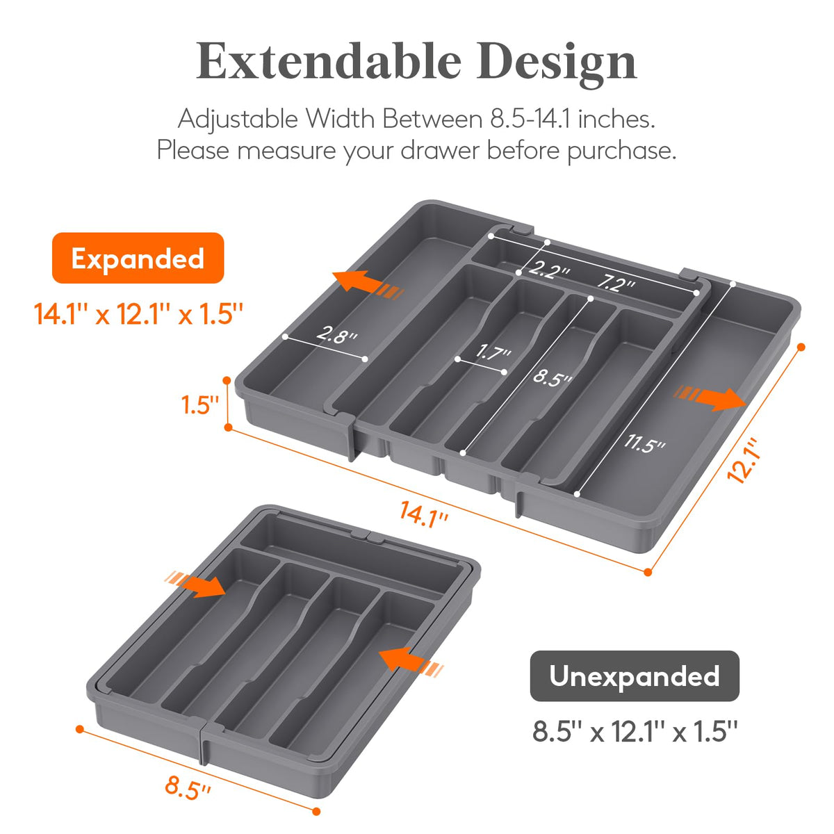 Lifewit adjustable-width drawer organizer shows expandable width for different drawers