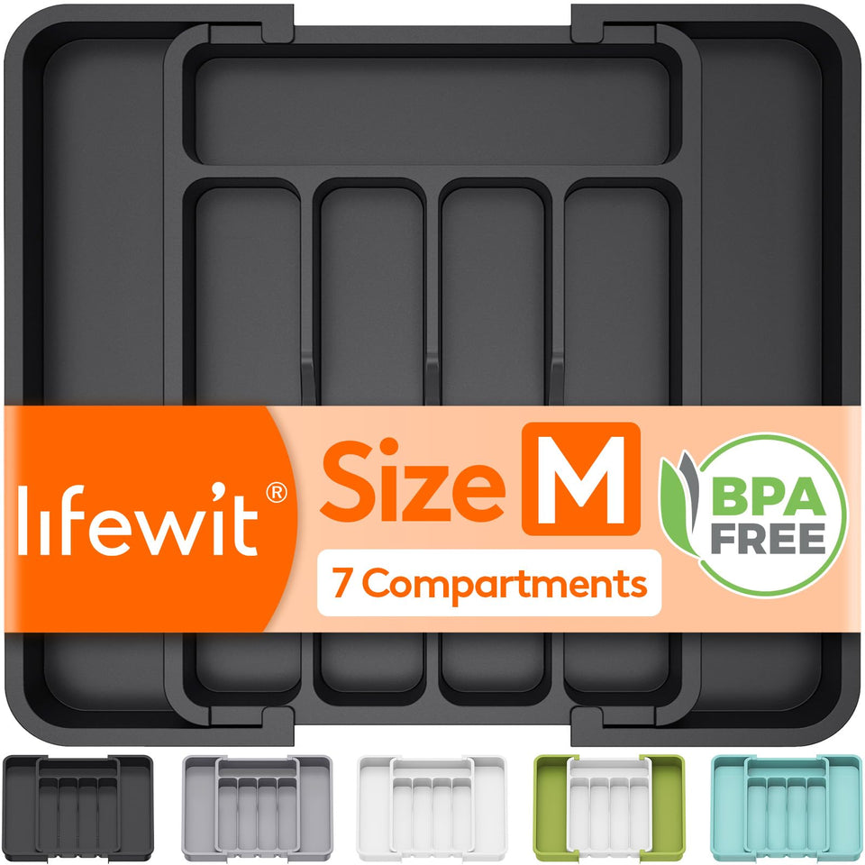 Lifewit silverware drawer organizer compact fits neatly, keeping spoons, forks, and knives organized.