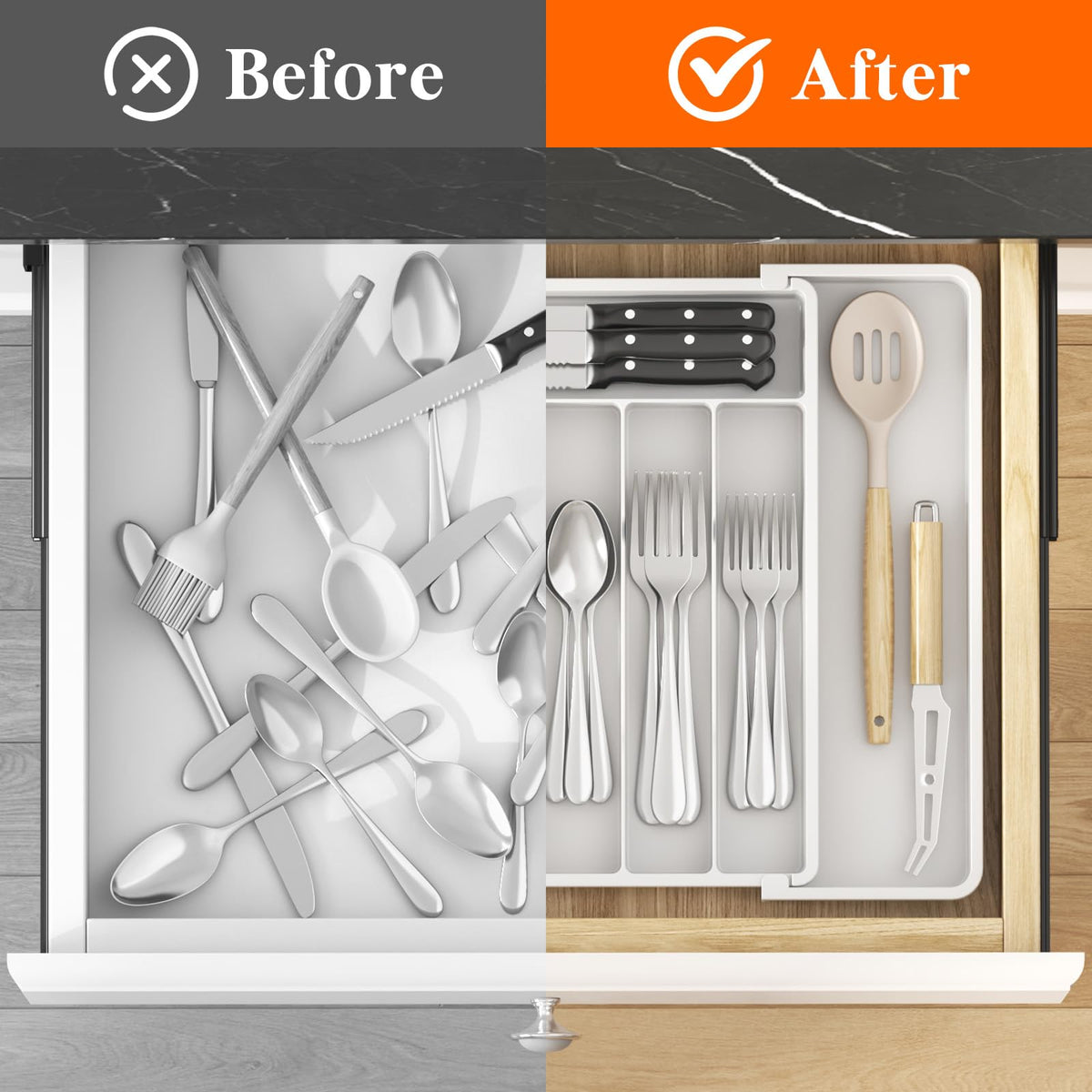 Lifewit eight-compartment organizer keeps spoons forks knives neatly separated.