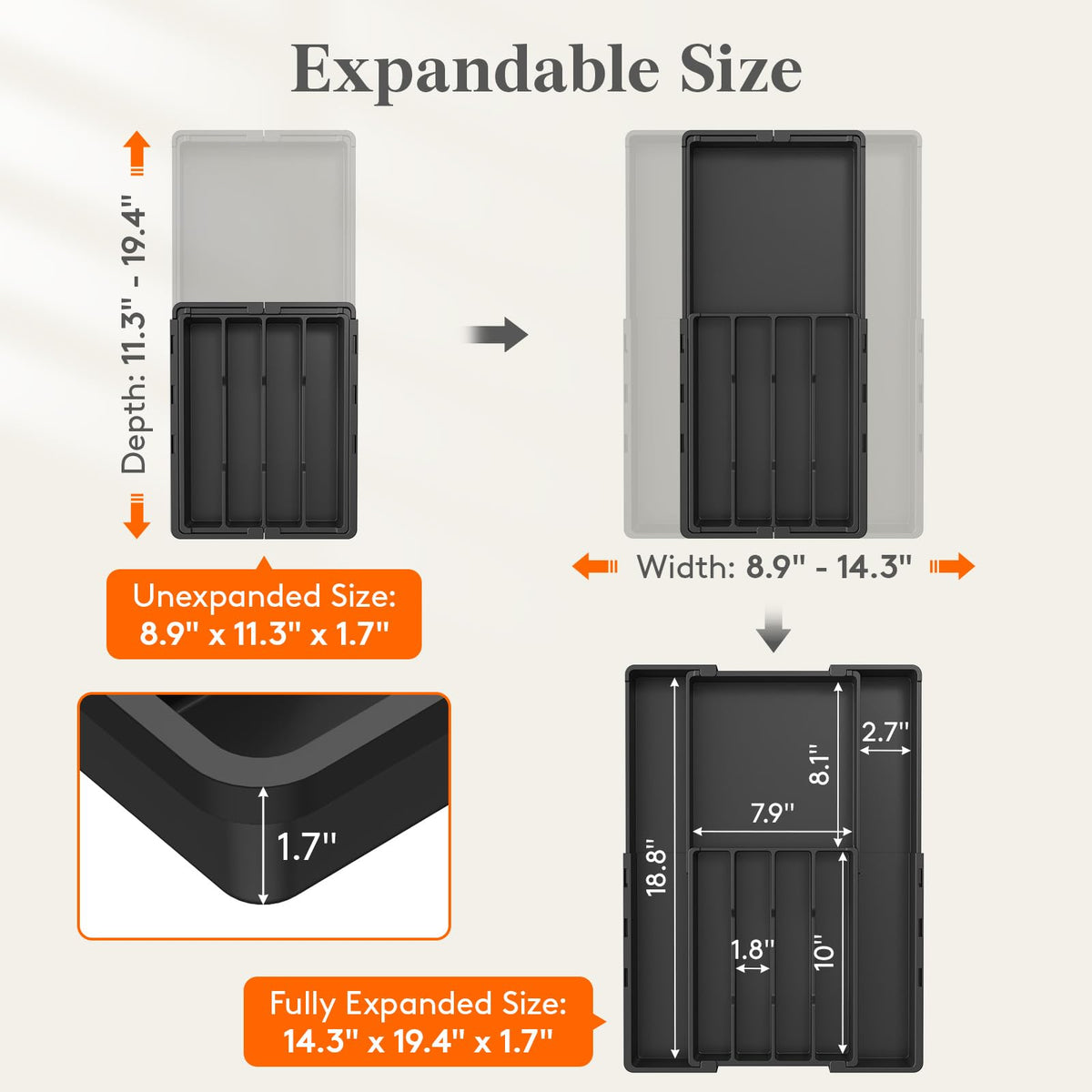 Lifewit expandable organizer showing width and depth adjustment for precise placement