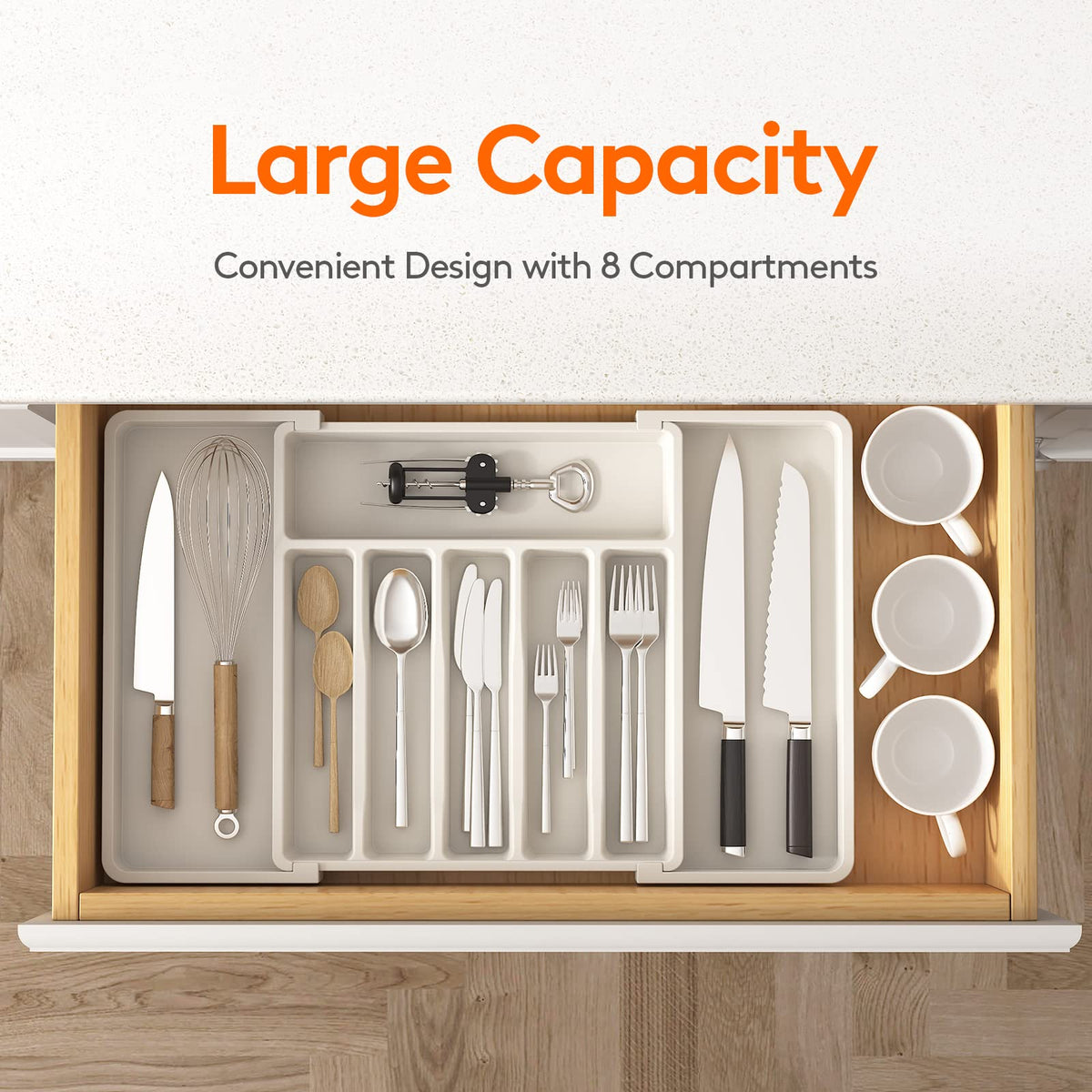 Lifewit silverware drawer organizer expanded to full length for tall utensils.