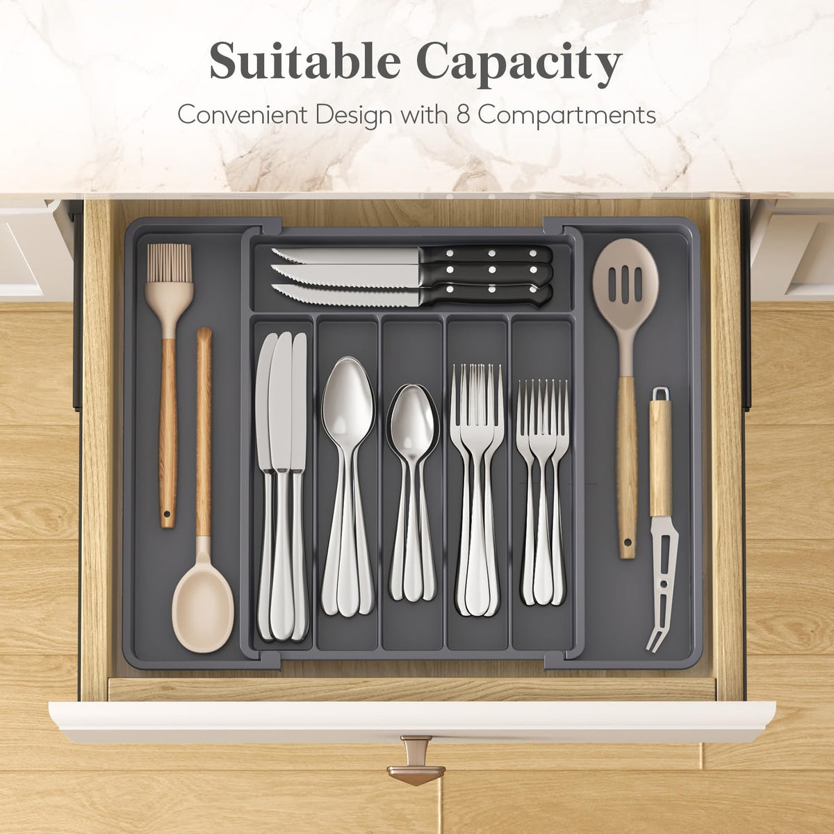 Lifewit extended wider configuration demonstrates maximum capacity for large drawers and bulky cutlery.
