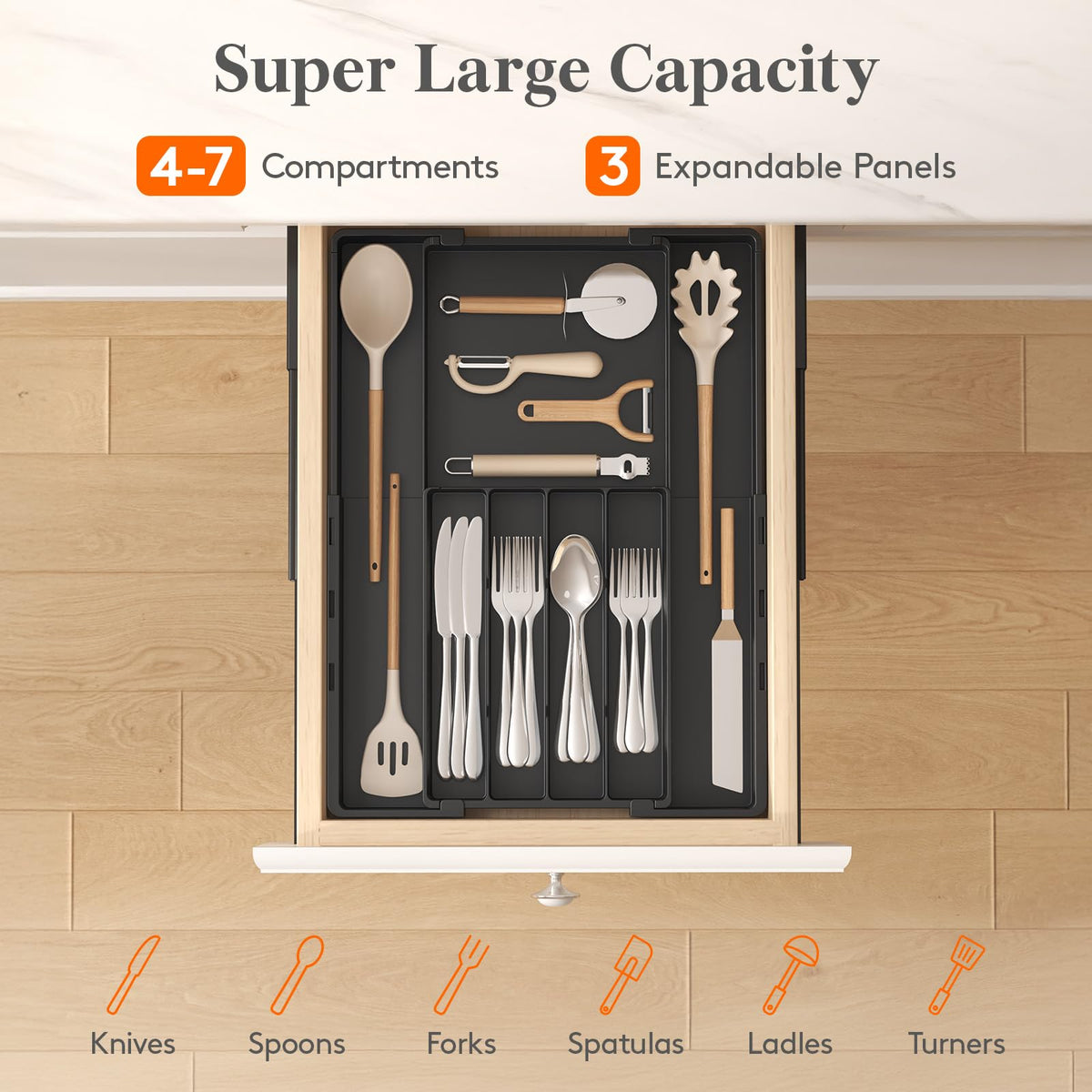 Four main plus three expandable compartments help organize forks and spoons
