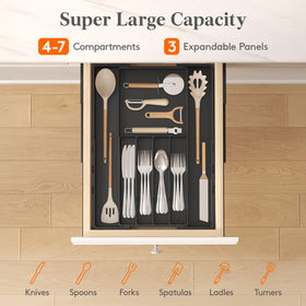 Four main plus three expandable compartments help organize forks and spoons