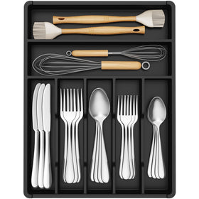 Lifewit silverware drawer organizer viewed from the front showing seven compartments