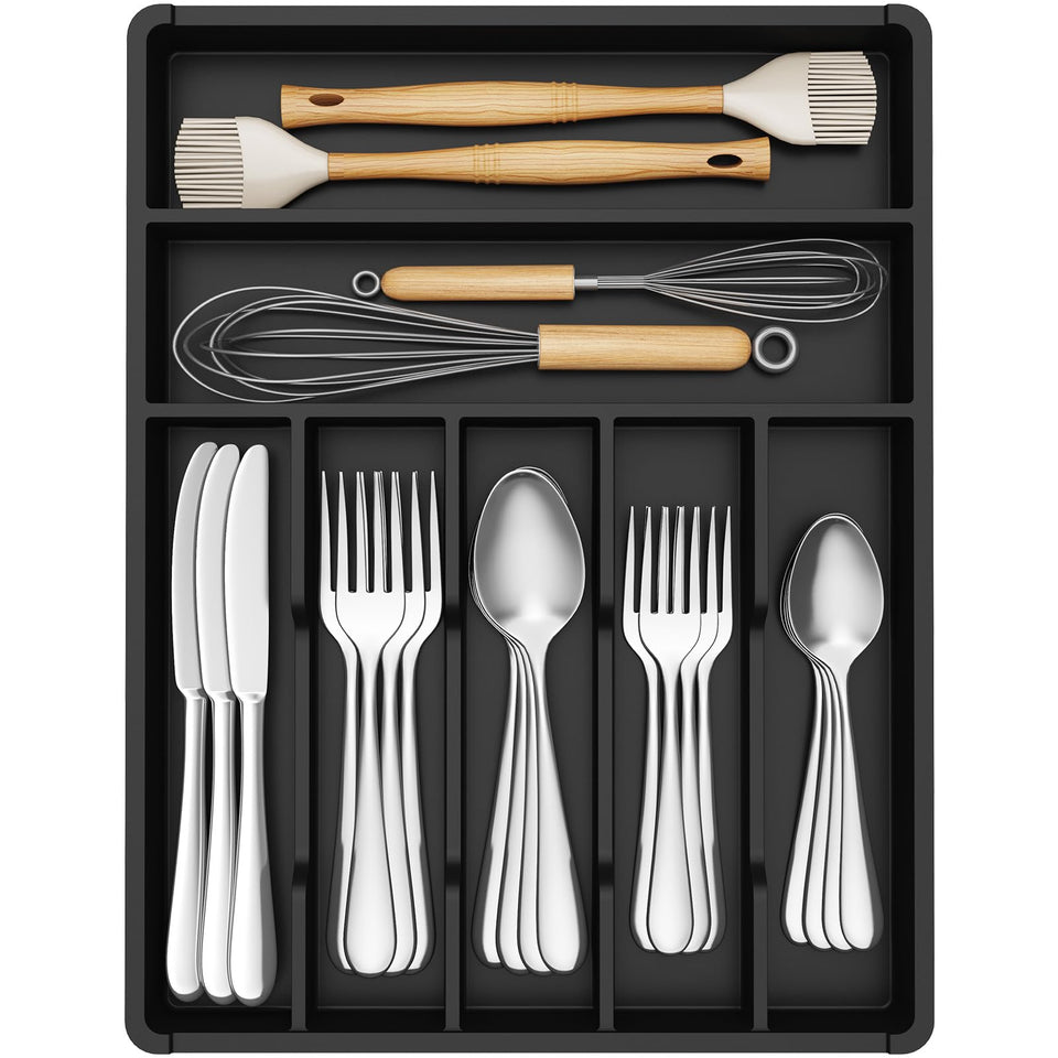 Lifewit silverware drawer organizer viewed from the front showing seven compartments