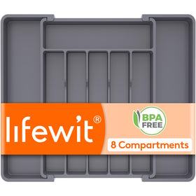 Lifewit silverware drawer organizer in full view showing neat utensil sorting for quick access.