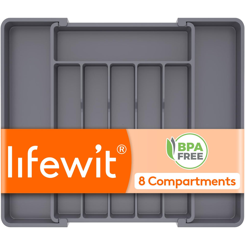 Lifewit silverware drawer organizer in full view showing neat utensil sorting for quick access.